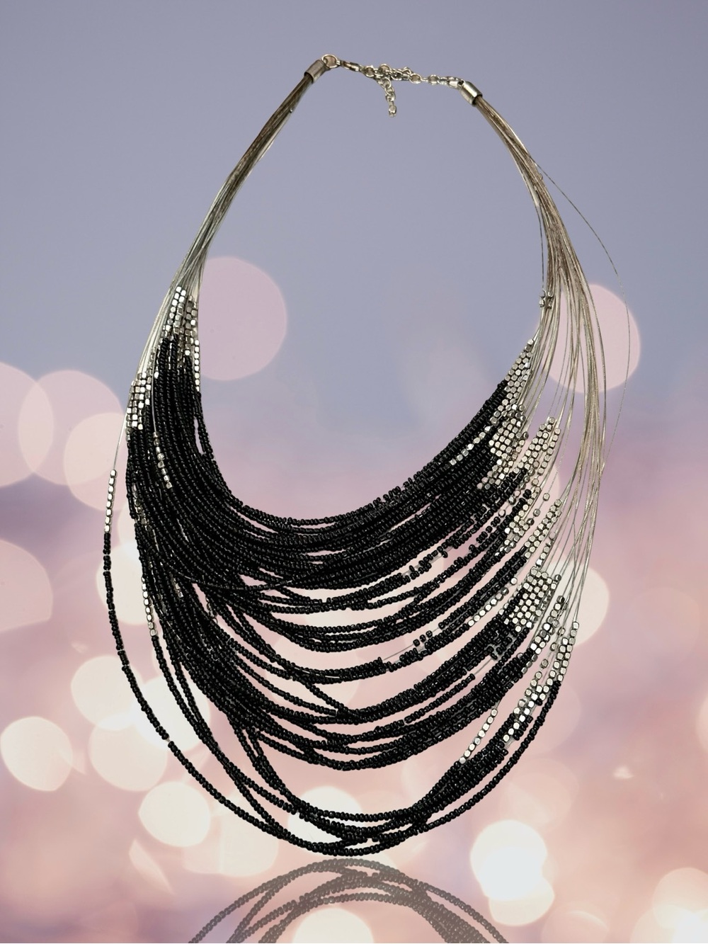 Layered Black Beaded Multi-Strand Necklace With Glass Beads and Spacers